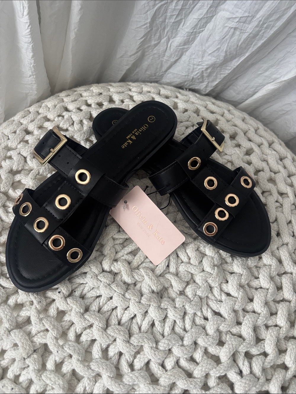 New with tags Black Slide Sandals with Gold Eyelets